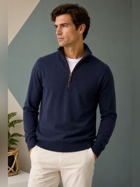 Men’s Filippo Riberti 1/4 ZIP Cashmere Wool Blend Golf Sweater Italy Made Navy L